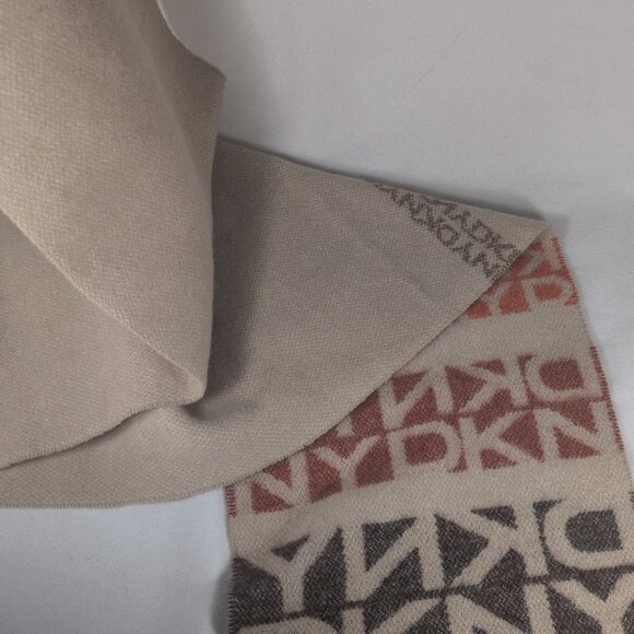 DKNY Wool Scarf Beige Brown Red Rectangle Rectangular Fringe Monogram Unisex O/S - Picture 6 of 9